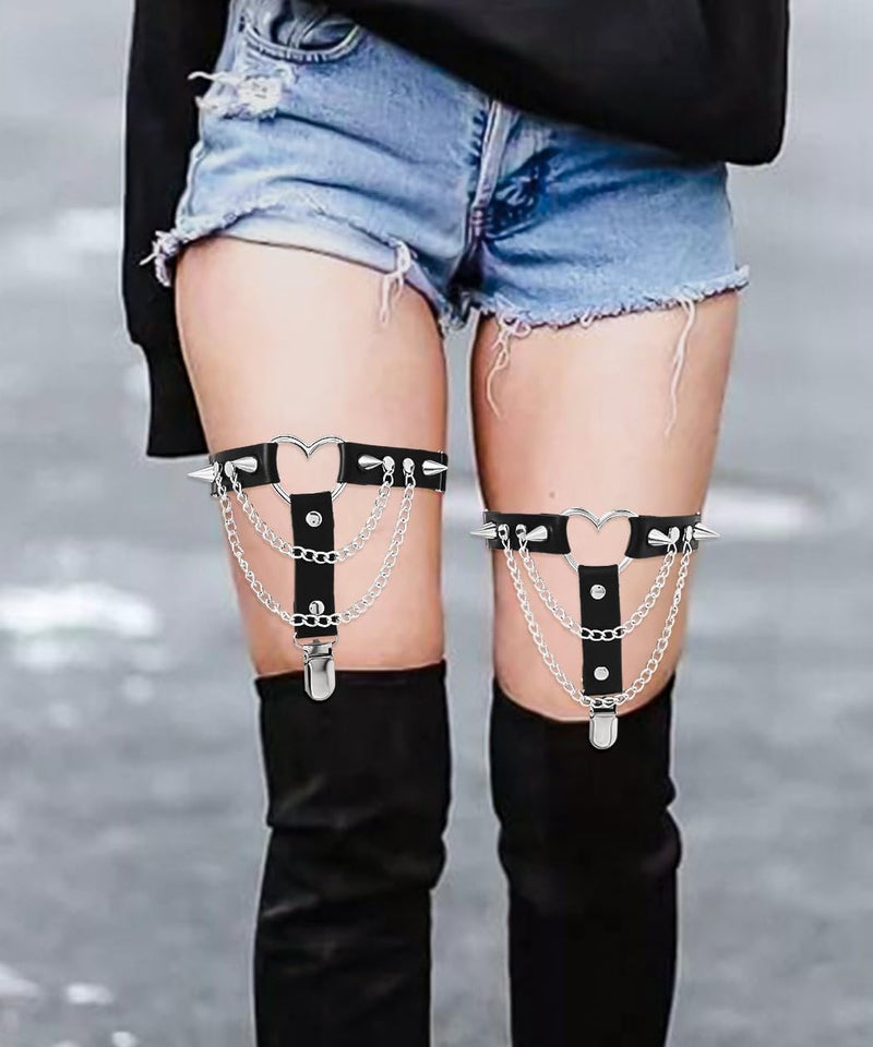 Lorealri Store Thigh High Garter Belt Adjustable Rock Heart Gothic Leg Suspender Belts Rave Party Thigh Lingerie for Women(2 PCs) - Image 5